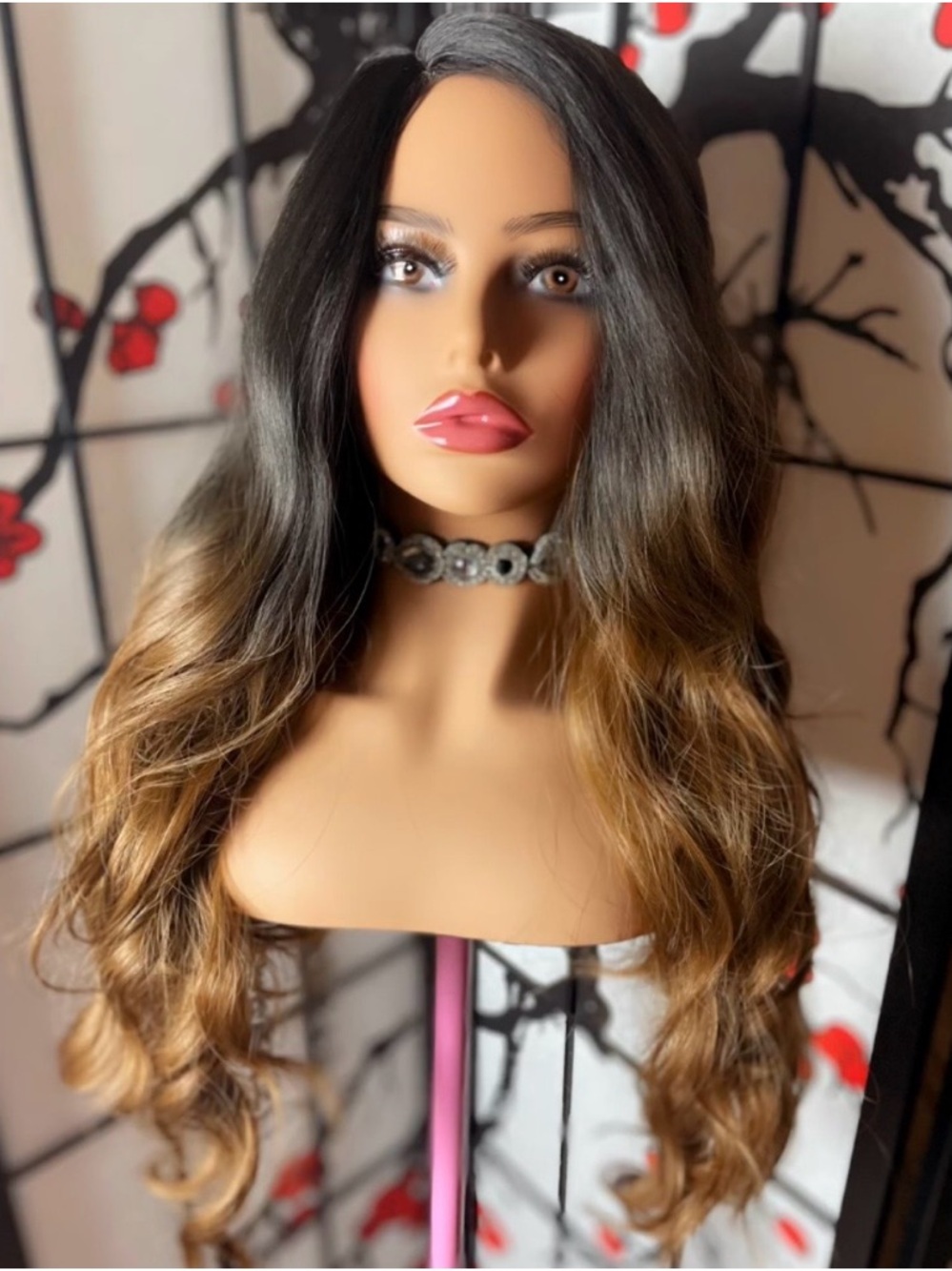 Luxury Ombré Black to Brown 26 Inch Long Wavy Lace Front Wig Middle Part Curly